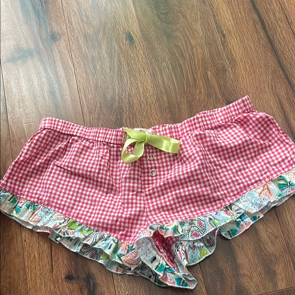 Red Gingham Ruffle Shorts with Green Bow